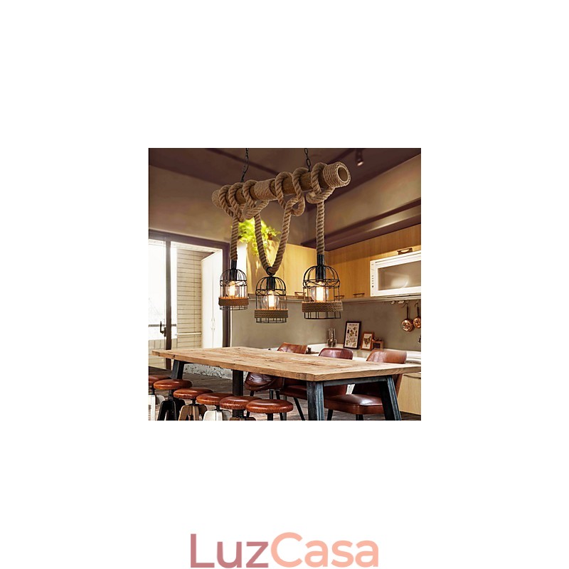 Lustre de corda de bambu retrô americano com três cabeças