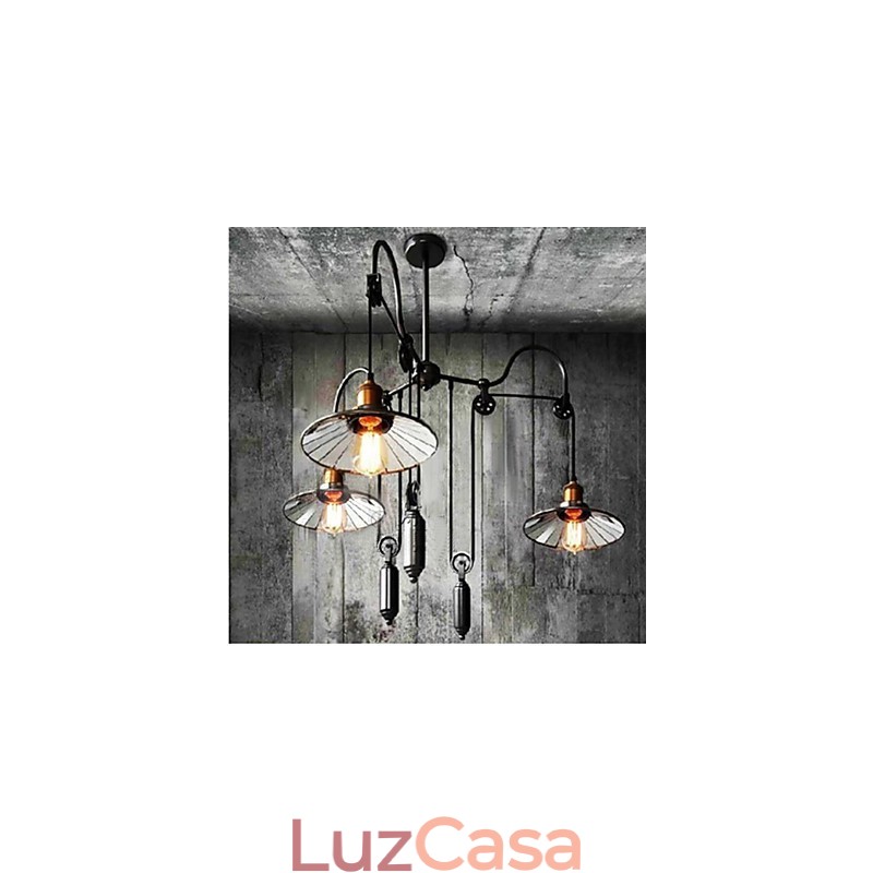 Luminária pendente vintage Pully 3 ilhas Foyer Metal + abajur interno Galss