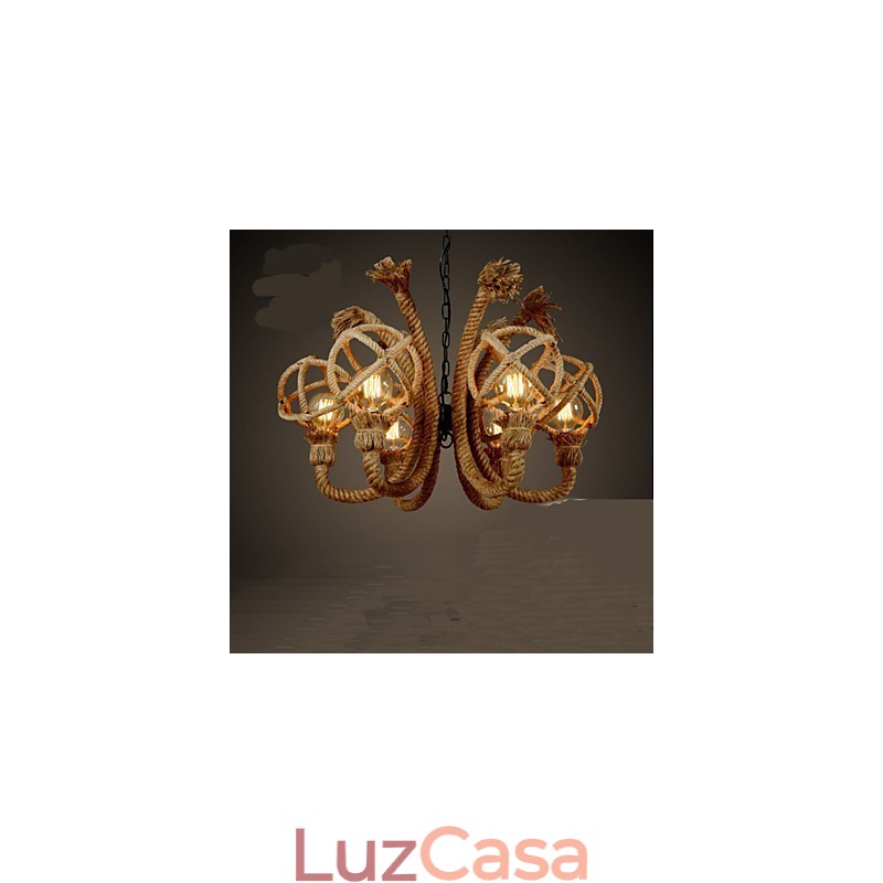 Lustre rural americano de corda de cânhamo com arte em ferro vintage