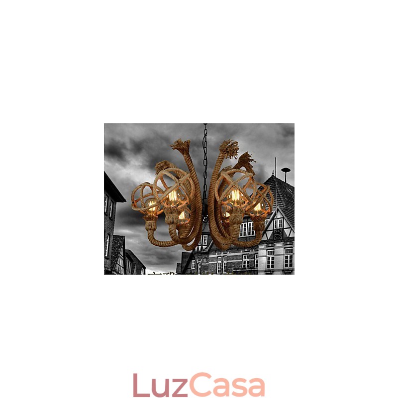 Lustre rural americano de corda de cânhamo com arte em ferro vintage