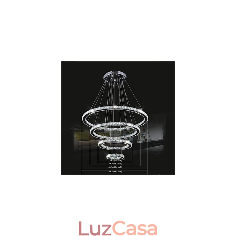 Luminária pendente de cristal para teto, cristal transparente, redondo, 4 anéis, 40 cm, 60 cm, 80 cm, luminárias de fonte
