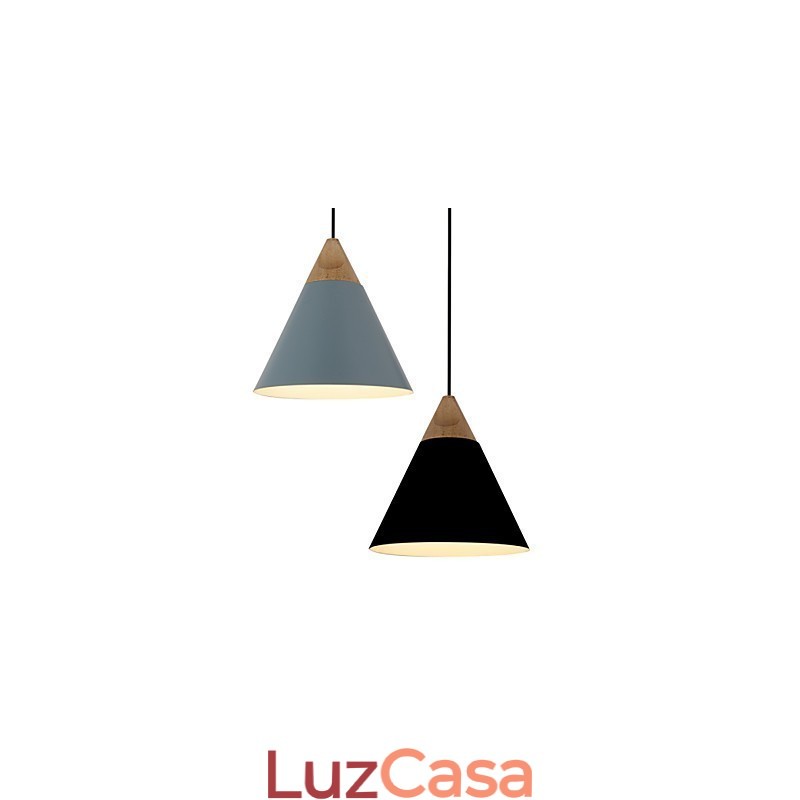 Mini Luminária Pendente Cone Artística 1 Luz Acabamento Mordern Simplicity Preto Branco Azul Poeira Alumínio e Madeira Droplight