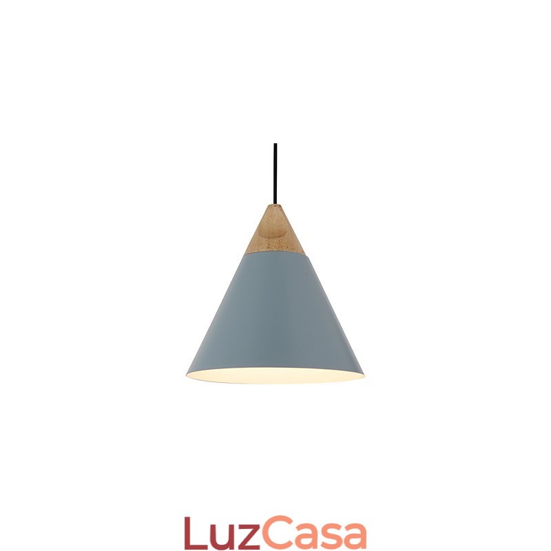 Mini Luminária Pendente Cone Artística 1 Luz Acabamento Mordern Simplicity Preto Branco Azul Poeira Alumínio e Madeira Droplight