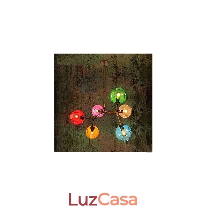 Lustre pendente de vidro colorido com 6 lâmpadas