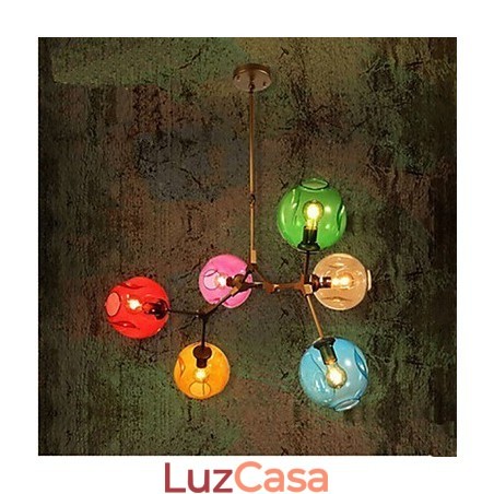 Lustre pendente de vidro colorido com 6 lâmpadas