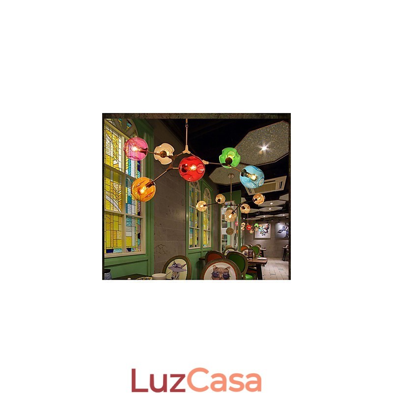Lustre pendente de vidro colorido com 6 lâmpadas