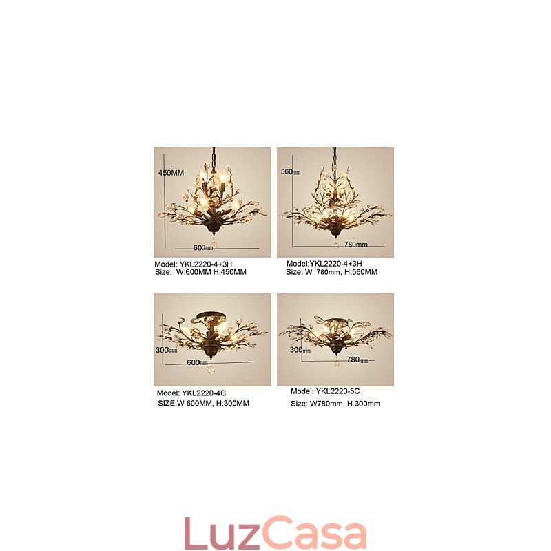 Vintage Crystal Flush Mount 7 Luzes Pintura de Metal Preto OU Dourado