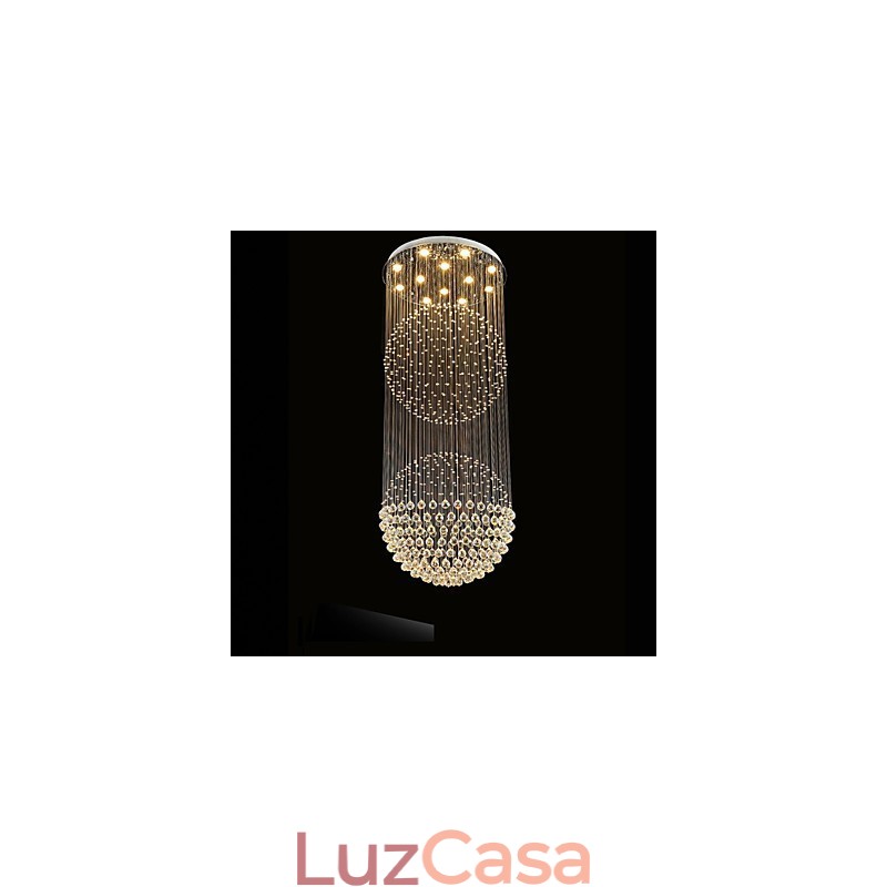 Luminária pendente moderna de cristal, lustre de 12 luzes, canpoy prateado, globo de cristal transparente, luminárias de teto