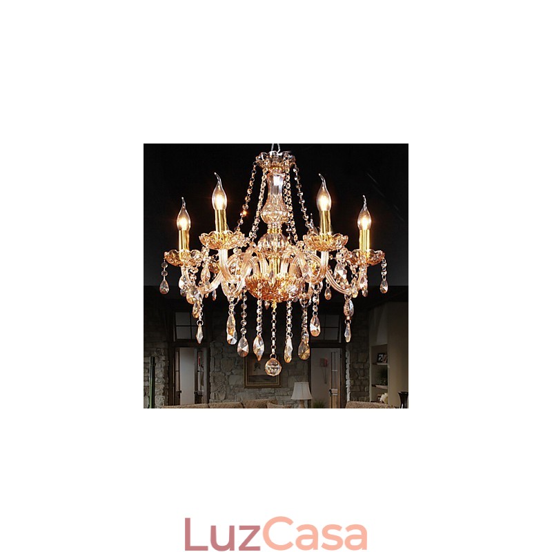 Lustre de cristal elegante âmbar de 6 luzes para casa
