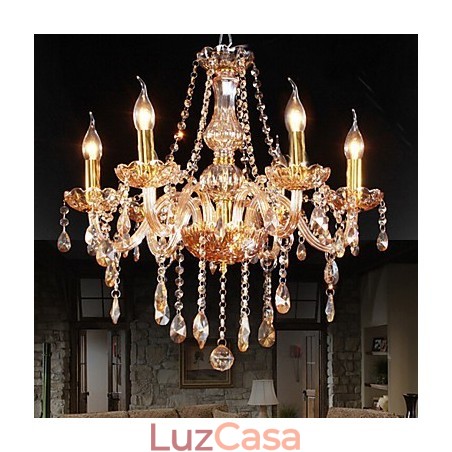 Lustre de cristal elegante âmbar de 6 luzes para casa Lustre de cristal elegante âmbar de 6 luzes para casa