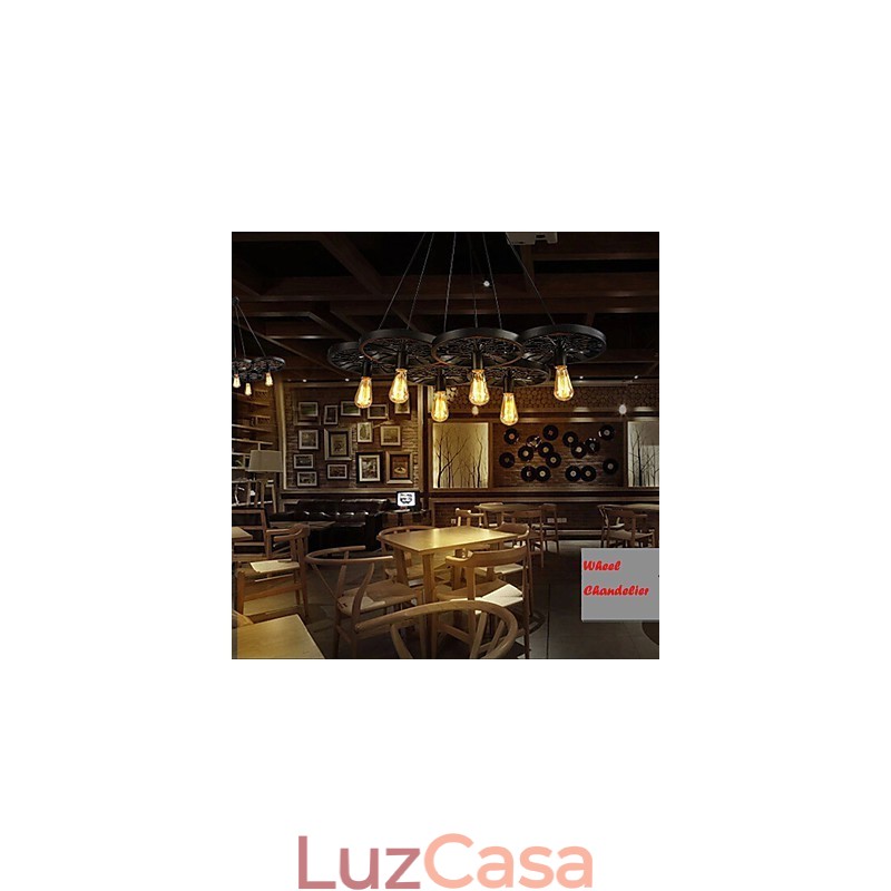 Loft Pendant Light Wheel Chandelier Rústico Vintage Retro Country Jantar Metal+Pintura