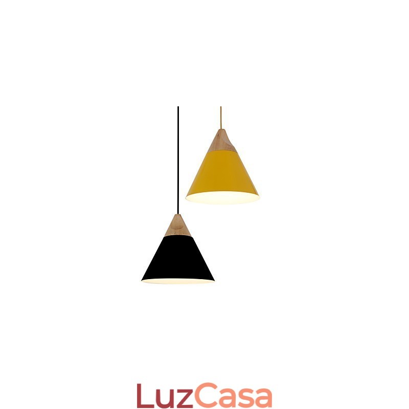 Mini Luminária Pendente Cone Artística 1 Luz Mordern Simplicity Acabamento Preto Branco Amarelo Alumínio e Droplight de Madeira
