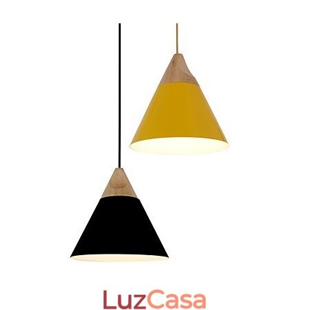 Mini Luminária Pendente Cone Artística 1 Luz Mordern Simplicity Acabamento Preto Branco Amarelo Alumínio e Droplight de Madeira Mini Luminária Pendente Cone Artística 1 Luz Mordern Simplicity Acabamento Preto Branco Amarelo Alumínio e Droplight de Madeira