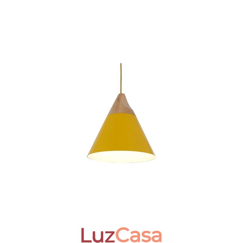 Mini Luminária Pendente Cone Artística 1 Luz Mordern Simplicity Acabamento Preto Branco Amarelo Alumínio e Droplight de Madeira